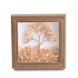 Natural Yellow Quartz  Chips Tree of Life with Wooden Photo Frame Decorations, with Copper Wire Feng Shui Energy Stone Gift for Home Office Desktop, 122x122x33mm(DJEW-B013-04A)