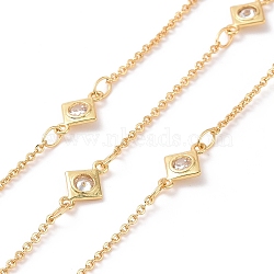 Clear Cubic Zirconia Rhombus Link Chains, with Brass Cable Chains, Unwelded, with Spool, Cadmium Free & Nickel Free & Lead Free, Real 18K Gold Plated, 10x6x1.5mm(CHC-G016-03G)