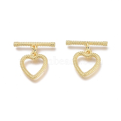 Brass Toggle Clasps, with Jump Rings, Long-Lasting Plated, Heart, Real 18K Gold Plated, Bar: 18x4.3x2mm, Hole: 1.2mm, Heart: 13.5x12x1.5mm, Hole: 1.2mm(KK-Q764-02G)