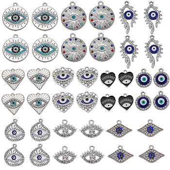 40Pcs 10 Styles Alloy Crystal Rhinestone Pendants, with Enamel Evil Eye, Heart & Rectangle & Flat Round Charms, Platinum, 14.5~29x16~21x2~3mm, Hole: 1.2~2mm, 4Pcs/style