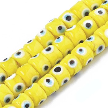 Handmade Evil Eye Lampwork Beads Strands, Column, Yellow, 8.5x6~7mm, Hole: 2mm, about 53~56pcs/strand, 13.78 inch~14.17 inch(35cm~36cm)