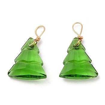Glass Pendants, with Light Gold Brass Loops, Christmas Tree Charms, Lime, 21~22x13~13.5x5~5.5mm, Hole: 5x3.5mm