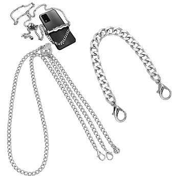 WADORN 1Pc Adjustable Iron Curb Chain Crossbody Bag Handles, with Cord Lock, and 1Pc Curban Chain Handbag Straps, with Lobster Claw Clasps, Platinum, 20~124cm