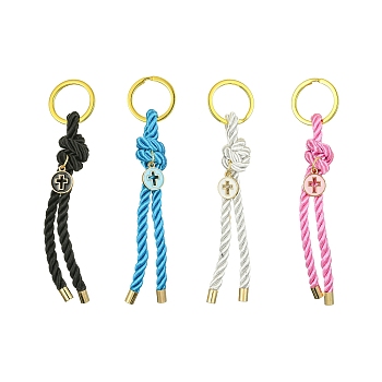 Nylon Knot & Alloy Enamel Keychain, with Iron Rings, Flat Round with Cross, Mixed Color, 12cm