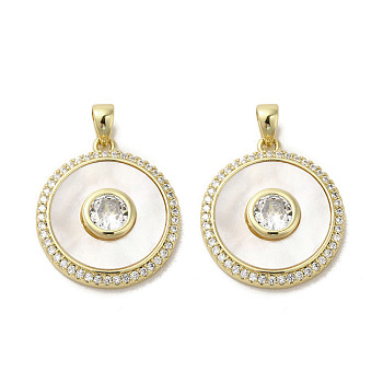 Brass Micro Pave Clear Cubic Zirconia Pendants, with Shell, Real 18K Gold PlatedPlated, Flat Round, 20x18x3mm, Hole: 2.5x4mm