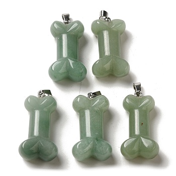 Natural Green Aventurine Pendants, Dog Bone Charms with Platinum Iron Snap on Bails, 36~37x19.5~21x11~12.5mm, Hole: 7x4mm