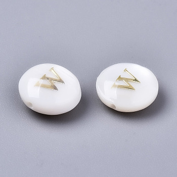 Natural Freshwater Shell Beads, with Golden Plated Brass Etched Metal Embellishments, Flat Round, Seashell Color, Letter.W, 8x3~5mm, Hole: 0.5~07mm