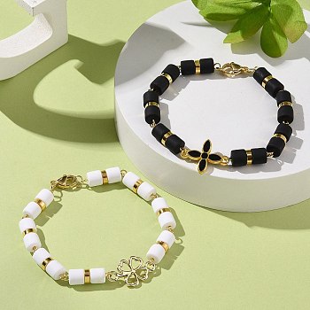 Handmade Polymer Clay Bead Bracelets Sets, Flower Alloy Enamel Link Bracelets for Women, Black & White, Golden, 7-3/8 inch(18.8cm), 2pcs/set