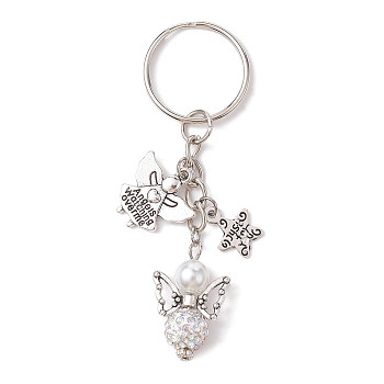 Angel Polymer Clay Rhinestone Keychains, with Alloy Charms and Iron Split Key Rings, White, 8.1cm
