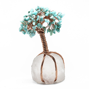 Natural Amazonite Chips and Quartz Crystal Pedestal Display Decorations, with Rose Gold Plated Aluminum Wires, Lucky Tree, 140~155x80~105x60~67mm
