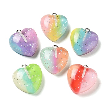 Gradient Color Translucent Resin Pendants, Glitter Heart Charms with Platinum Plated Iron Loops, Mixed Color, 20x19x8.5mm, Hole: 2mm