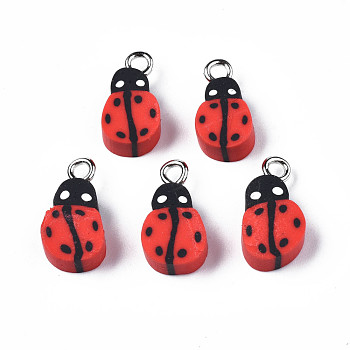 Handmade Polymer Clay Charms, with Platinum Plated Iron Loop, Ladybug, Red, 14~15.5x7.5~8.5x4~5mm, Hole: 1.8mm