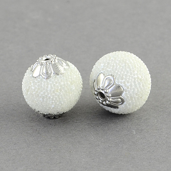 Round Handmade Indonesia Beads, with Silver Color Plated Metal Color Alloy Cores, White, 13~15x13~14mm, Hole: 1.5mm