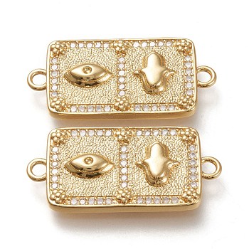 Brass Micro Pave Cubic Zirconia Links Connectors, Rectangle with Eye & Hamsa Hand, Clear, Real 18K Gold Plated, 31.5x15x3mm, Hole: 2mm