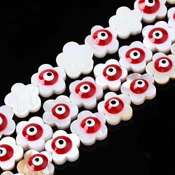Natural Freshwater Shell Beads, with Enamel, Flower with Evil Eye, FireBrick, 10.5x11x4.5mm, Hole: 0.7mm, about 38~39pcs/strand, 14.96~15.43 inch(38~39.2cm)