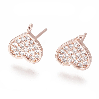 Brass Stud Earring Findings, with Cubic Zirconia and Loop, Heart, Clear, Rose Gold, 10x9mm, Hole: 1.2mm, Pin: 0.8mm