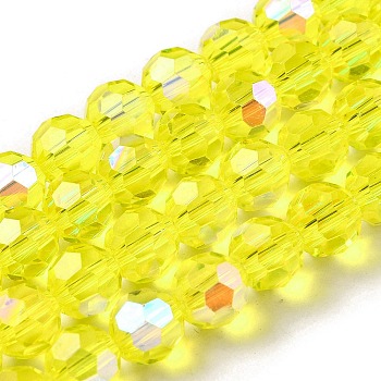 Electroplate Transparent Glass Beads Strands, Faceted, Round, Rainbow Plated, Yellow, 8mm, Hole: 1mm, about 66~69pcs/strand, 19.29~19.57 inch(49~49.7cm)