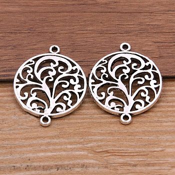 Zinc Alloy Connector Charms, Flat Round with Tree, Antique Silver, 31x24mm