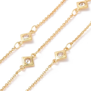 Clear Cubic Zirconia Rhombus Link Chains, with Brass Cable Chains, Unwelded, with Spool, Cadmium Free & Nickel Free & Lead Free, Real 18K Gold Plated, 10x6x1.5mm