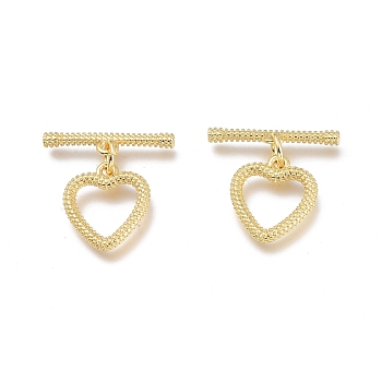 Brass Toggle Clasps, with Jump Rings, Long-Lasting Plated, Heart, Real 18K Gold Plated, Bar: 18x4.3x2mm, Hole: 1.2mm, Heart: 13.5x12x1.5mm, Hole: 1.2mm