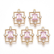 Golden Tone Brass Links connectors, with Faceted Glass and Rhinestone, Rectangle, Pearl Pink, 19x13.5x3.5mm, Hole: 1mm(X-GLAA-R212-14D)