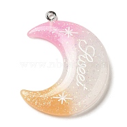 Gradient Color Translucent Resin Pendants, Glitter Moon Charms with Platinum Tone Iron Loops, White, 40x34x5mm, Hole: 2mm(FIND-Z006-03C)