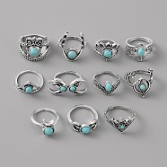 11Pcs 11 Style Eagle & Moon & Star & Crown & Eye Alloy Finger Rings Set with Plastic Beaded, Bohemia Jewelry for Women, Antique Silver, Inner Diameter: 14.3~17.2mm, 1Pc/style(RJEW-TAC0004-01AS)