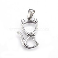 304 Stainless Steel Hollow Kitten Pendants, Cat with Bowknot Shape Shape, Stainless Steel Color, 22x15x3mm, Hole: 6x3mm(STAS-P209-28P)