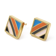 Rack Plating Brass Square Stud Earrings with Enamel, Lead Free & Cadmium Free, Real 18K Gold Plated, 12x12mm(EJEW-D061-31G)
