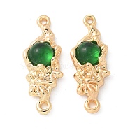 Brass Pave Green Glass Connector Charms, Flower, Real 18K Gold Plated, 26.5x10.5x4.5mm, Hole: 1.5mm(KK-U052-02G)