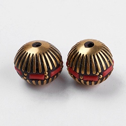 Handmade Indonesia Beads, with Brass Findings, Nickel Free, Bicone, Raw(Unplated), Flat Round, Red, 14x15mm, Hole: 1mm(IPDL-E008-17A)