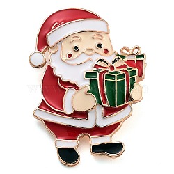 Christmas Theme Alloy Enamel Brooches, for Backpack Clothes, Santa Claus with Gift Boxes, FireBrick, 41.5x31.5mm(JEWB-S022-03F)