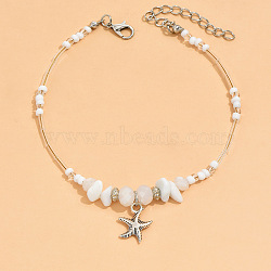Natural White Jade Chips & Glass Beads Anklets, Starfish Alloy Charms Anklets, Antique Silver, 8-1/4 inch(210mm)(WGE754A-02)