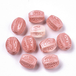 Carved Sea Bamboo Coral(Imitation Coral) Beads, Dyed, Hexagon Barrel, Light Coral, 14x13x11mm, Hole: 1.8mm(X-CORA-R020-06)