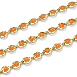 Brass Link Chains, with Enamel, Spool, Long-Lasting Plated, Unwelded, Flat Round, Golden, Orange, Links: 9x6x1.5mm(CHC-L039-47E-G)