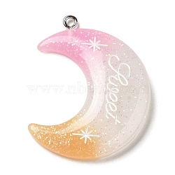 Gradient Color Translucent Resin Pendants, Glitter Moon Charms with Platinum Tone Iron Loops, White, 40x34x5mm, Hole: 2mm(FIND-Z006-03C)