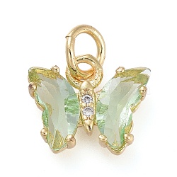Brass Micro Pave Clear Cubic Zirconia Pendant, with Glass, Butterfly, Golden, Dark Sea Green, 12.5mm(ZIRC-P079-B01-12)