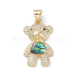 Rack Plating Brass Micro Pave Clear Cubic Zirconia Pendants, with Abalone Shell/Paua Shell, Bear with Bowknot Charms, Long-Lasting Plated, Cadmium Free & Lead Free, Real 18K Gold Plated, 21.5x13x3.5mm, Hole: 3.5x4mm(KK-L155-62G)