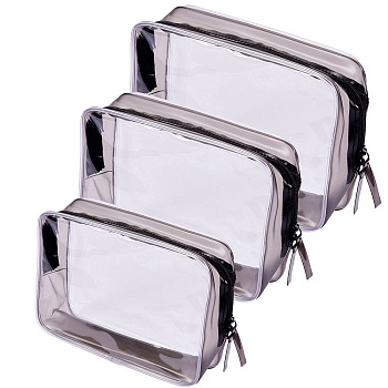 3Pcs 3 Style Portable Plastic Laser Transparent Cosmetic Storage Bags, with Zipper & Belt, Rectangle, Black, 10.4~13.4x17~22x0.9~1.2cm, 1pcs/style
