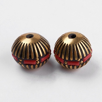 Handmade Indonesia Beads, with Brass Findings, Nickel Free, Bicone, Raw(Unplated), Flat Round, Red, 14x15mm, Hole: 1mm