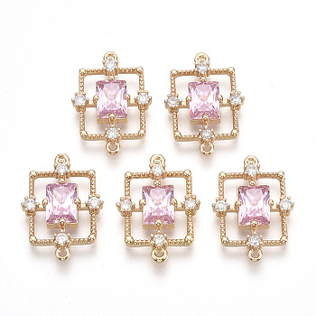 Golden Tone Brass Links connectors, with Faceted Glass and Rhinestone, Rectangle, Pearl Pink, 19x13.5x3.5mm, Hole: 1mm