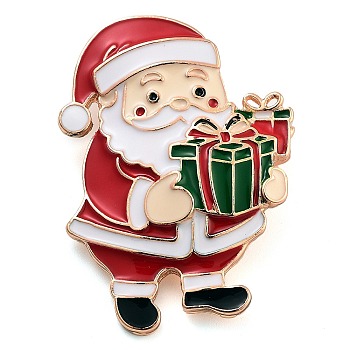 Christmas Theme Alloy Enamel Brooches, for Backpack Clothes, Santa Claus with Gift Boxes, FireBrick, 41.5x31.5mm