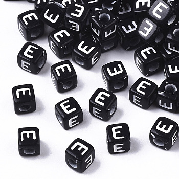 Opaque Acrylic Beads, Horizontal Hole, Alphabet Style, Cube, Black & White, Letter.E, 5x5x5mm, Hole: 2mm, about 500pcs/50g