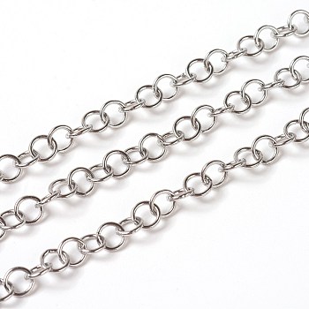 304 Stainless Steel Rolo Chains, Belcher Chain, with Spool, Unwelded, Stainless Steel Color, 5x0.8mm, about 32.8 Feet(10m)/roll