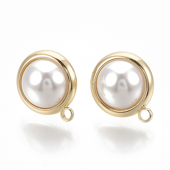 Brass Stud Earring Findings, with Loop, ABS Plastic Imitation Pearl Beads, Dome/Half Round, Nickel Free, Real 18K Gold Plated, 15.5x13mm, Hole: 1.8mm, Pin: 1mm