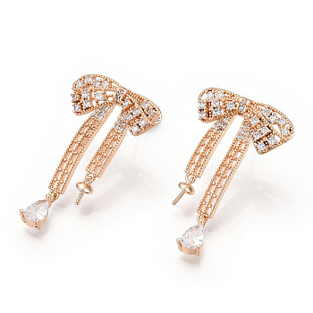 Brass Micro Pave Clear Cubic Zirconia Stud Earring Findings, for Half Drilled Beads, Nickel Free, Bowknot, Golden, 33x20.5mm, Pin: 0.6mm, Pin: 0.6mm(for Half Drilled Beads)