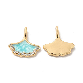 Rack Plating Alloy Rhinestone Pendant, with Enamel, Nickel Free, Gingko Leaf Charms, Golden, Pale Turquoise, 16.5x16x4.5mm, Hole: 2.2mm