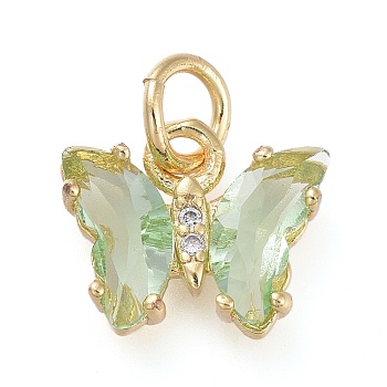 Brass Micro Pave Clear Cubic Zirconia Pendant, with Glass, Butterfly, Golden, Dark Sea Green, 12.5mm