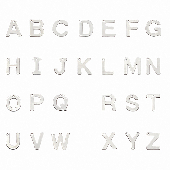 304 Stainless Steel Alphabet Letter Charms, Letter A~Z, 11~12x5.5~11x0.5~0.8mm, Hole: 1mm, 26 Letter, 2pcs/letter, 52pcs/box