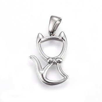 304 Stainless Steel Hollow Kitten Pendants, Cat with Bowknot Shape Shape, Stainless Steel Color, 22x15x3mm, Hole: 6x3mm